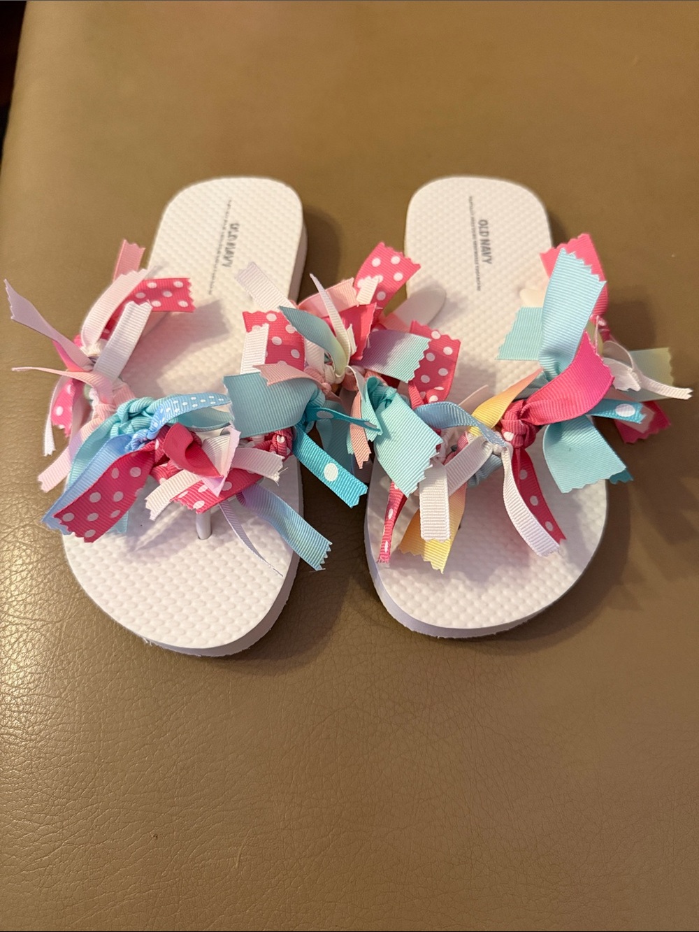 Old Navy White Girls Flip Flops with Pink, Blue & Yellow Ribbon Accents